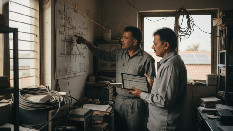 Two Indian men, dressed in button-up shirts, stand in a rustic, cable-filled office, looking at a wall-mounted diagram. One points while the other holds a tablet.