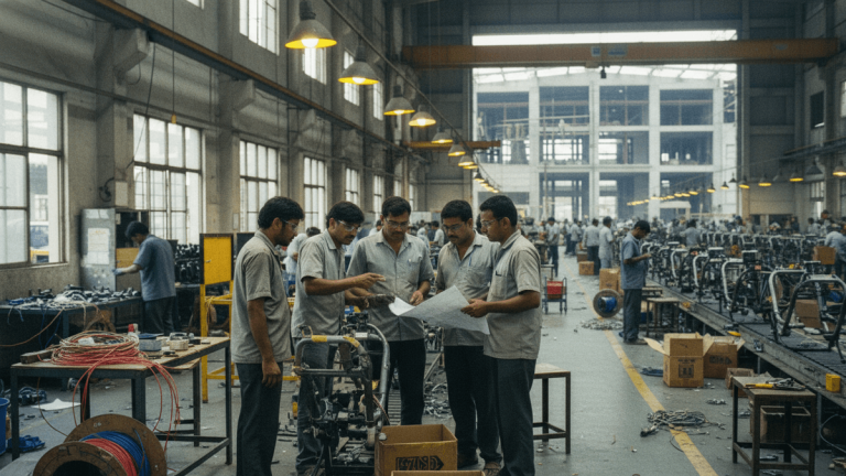 A group of five factory workers in uniform huddle together, examining blueprints amidst a busy industrial setting with machinery.