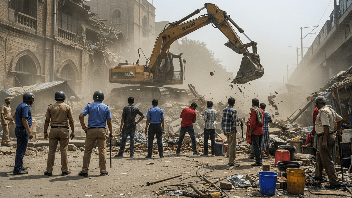 Police and onlookers watch a large excavator demolish buildings, creating dust and debris, in a street near Howrah Station.