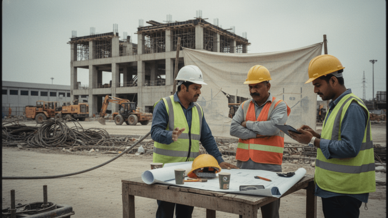 Three construction workers, in hard hats and reflective vests, reviewing blueprints on a makeshift table at a dusty construction site.