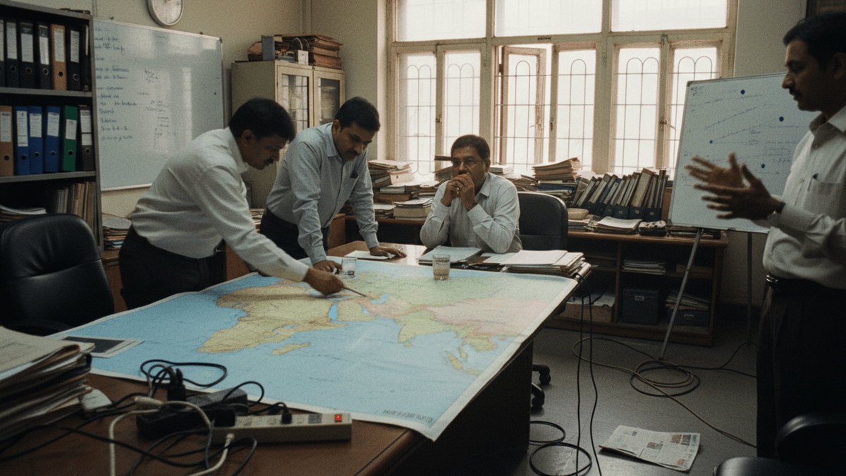 Four Indian men, in an office, are gathered around a large map spread on a desk, pointing and gesturing.