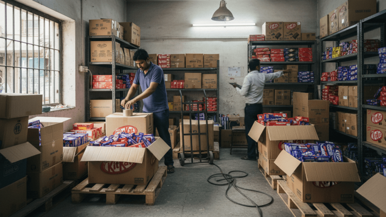 Two workers in a cluttered, naturally lit warehouse pack boxes of KitKat chocolate bars, amidst shelves stacked high with products.