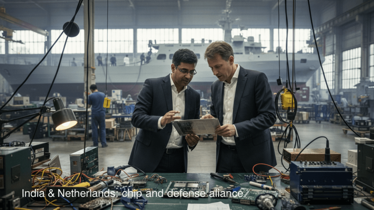 Two men in suits review documents amidst a cluttered workbench with circuit boards, inside a large industrial facility with a ship in the background.