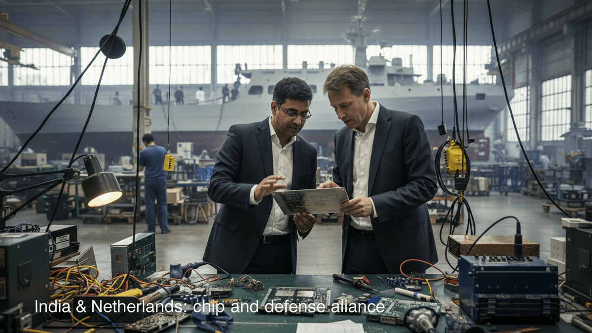Two men in suits review documents amidst a cluttered workbench with circuit boards, inside a large industrial facility with a ship in the background.