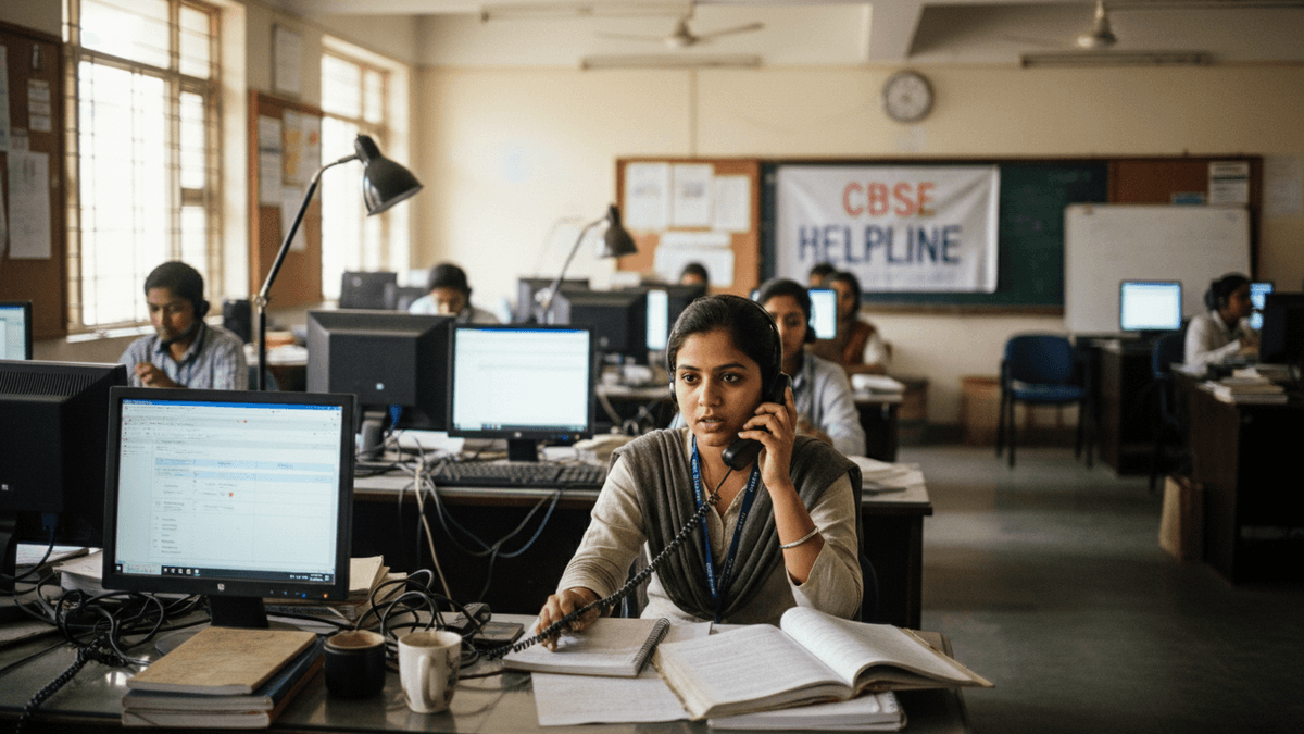 A candid shot of a woman with a serious expression talking on a landline phone at a cluttered desk in an office.