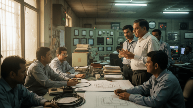 An Indian executive, likely Gurdeep Singh, gestures while speaking to colleagues in an industrial control room.