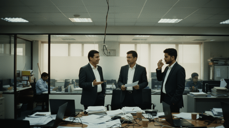 Three executives in suits engage in discussion around a table cluttered with documents, laptops, and coffee cups in a busy office.