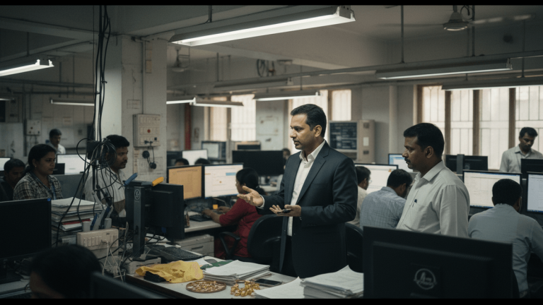 A mid-shot of a Muthoot FinCorp executive in a suit, gesturing while talking to a colleague in a busy, naturally lit office.