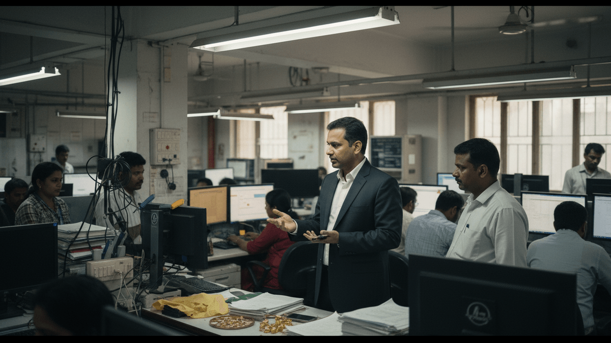 A mid-shot of a Muthoot FinCorp executive in a suit, gesturing while talking to a colleague in a busy, naturally lit office.