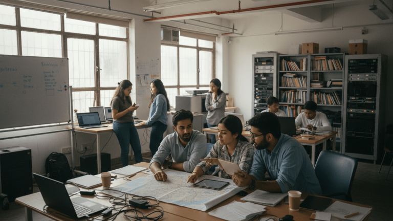 A candid, wide-angle shot inside a busy, naturally lit office in India, with multiple teams collaborating and working on various tasks.