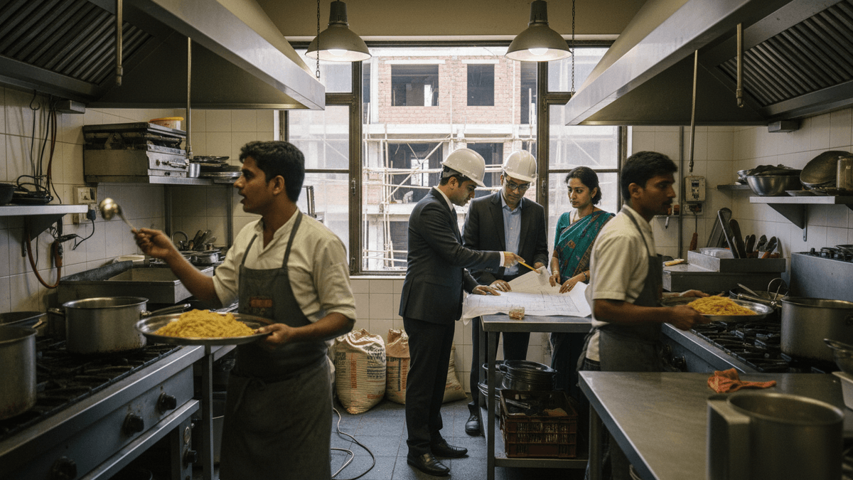 A candid, editorial shot of executives in hard hats discussing plans in a busy commercial kitchen with chefs working.