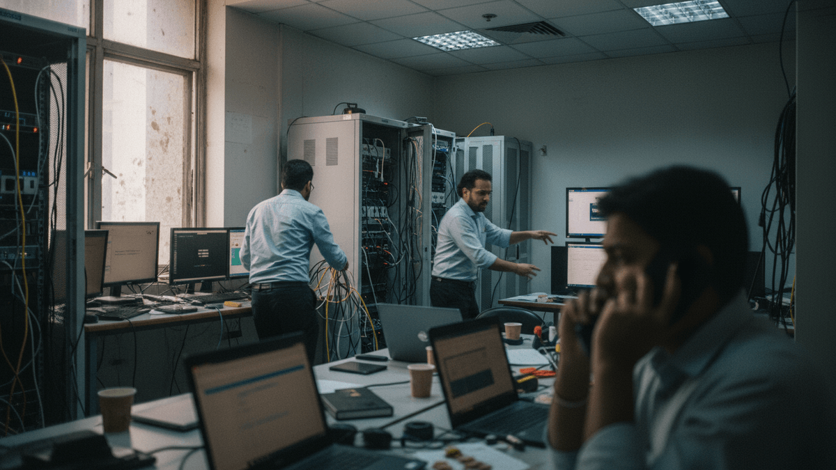 Candid shot of men in a server room, amidst cables and monitors, responding to an IT security breach. One speaks on phone.