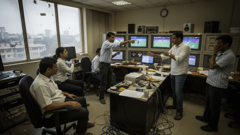 Candid, authentic photo of media professionals in a chaotic control room, illuminated by natural light and screen glow.