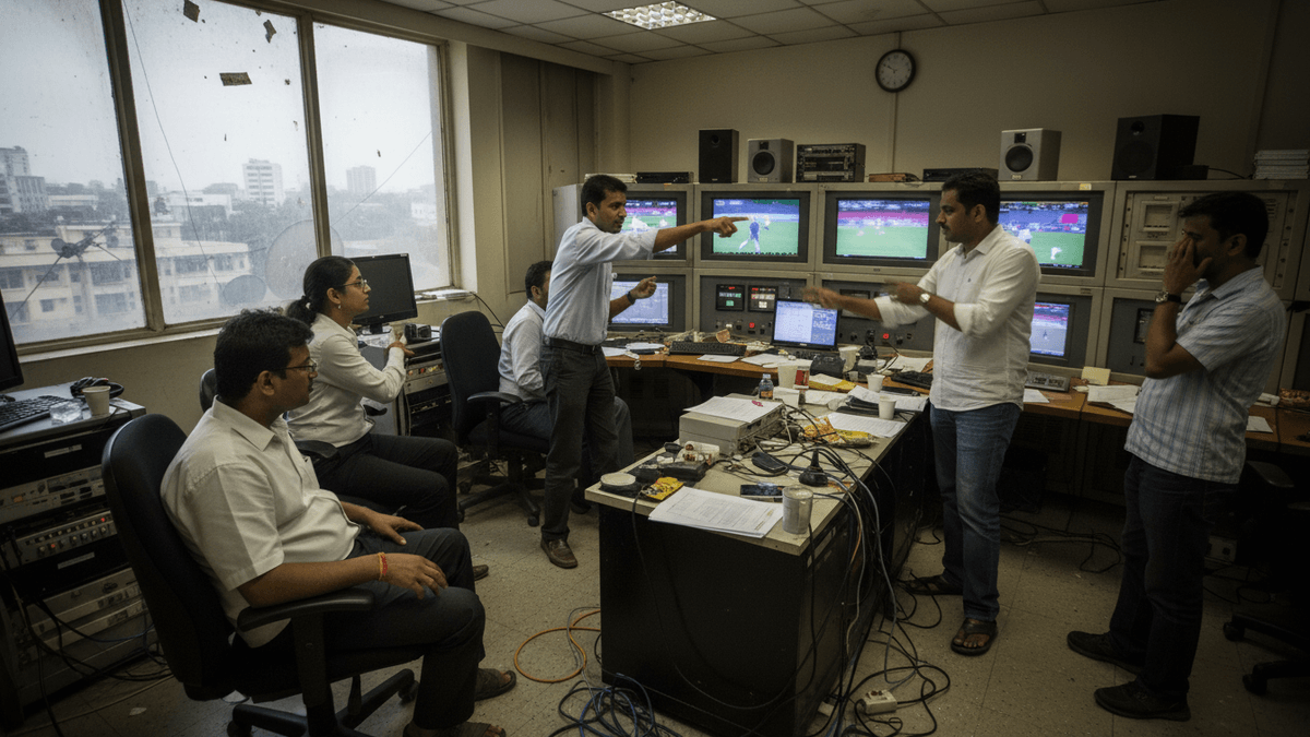Candid, authentic photo of media professionals in a chaotic control room, illuminated by natural light and screen glow.
