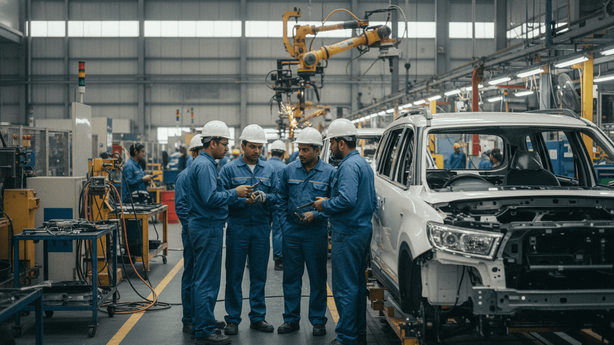 Four workers in blue jumpsuits and white hard hats discuss plans next to an unfinished SUV on a bustling factory floor.