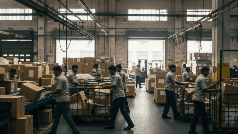 Candid, grainy photo of workers in a bustling Delhivery warehouse, illuminated by natural light from large windows.