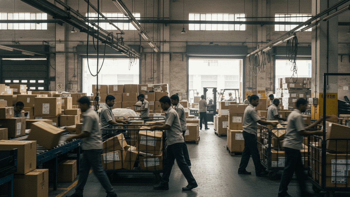 Candid, grainy photo of workers in a bustling Delhivery warehouse, illuminated by natural light from large windows.