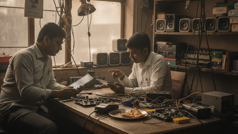 Two Indian men in a dimly lit, crowded workshop, engrossed in examining circuit boards and tablets, discussing technical details.