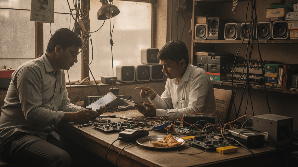 Two Indian men in a dimly lit, crowded workshop, engrossed in examining circuit boards and tablets, discussing technical details.