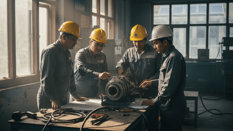 Four engineers in hard hats and overalls examine machinery and blueprints on a cluttered workbench in a sunlit industrial workshop.