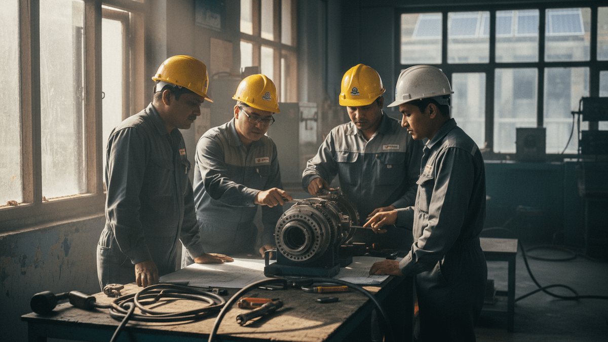 Four engineers in hard hats and overalls examine machinery and blueprints on a cluttered workbench in a sunlit industrial workshop.