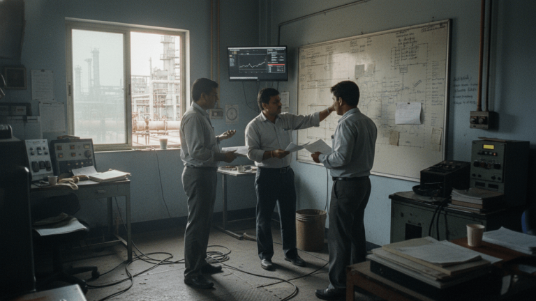 Three men in a control room, one pointing at a whiteboard with refinery structures visible outside a window.