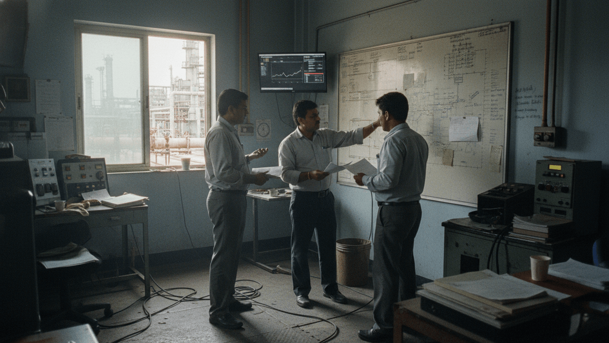 Three men in a control room, one pointing at a whiteboard with refinery structures visible outside a window.