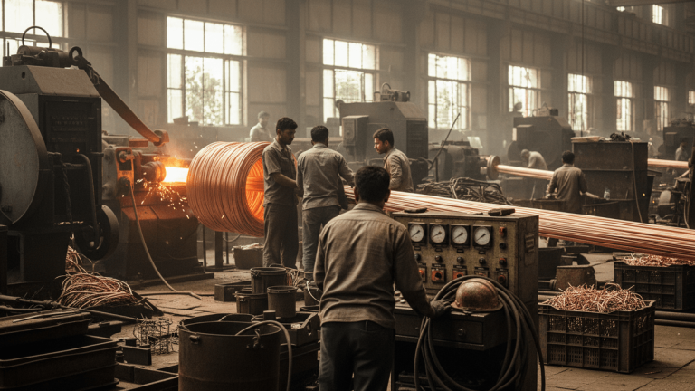 Wide shot of a bustling copper fabrication factory in India, with multiple workers, machines, and copper coils and rods.