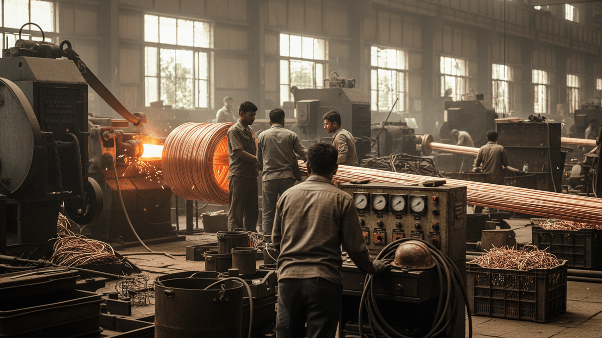 Wide shot of a bustling copper fabrication factory in India, with multiple workers, machines, and copper coils and rods.