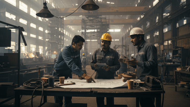Three male steelworkers in hard hats and work clothes reviewing detailed blueprints on a workbench in a busy, naturally lit factory.