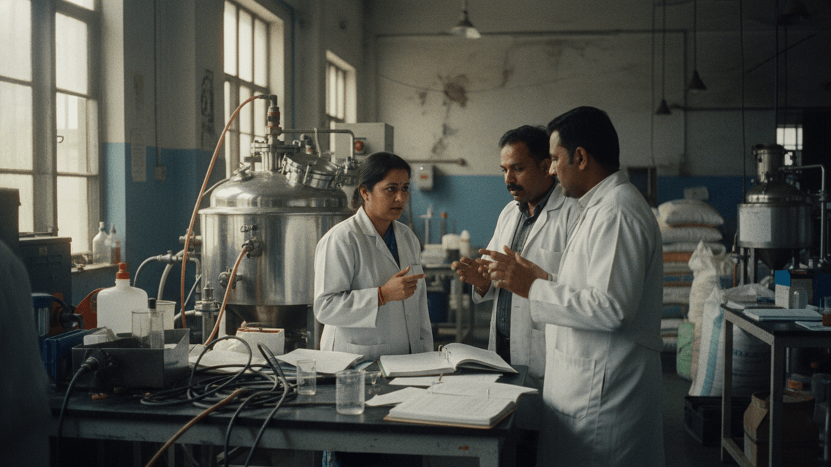 Three researchers in lab coats, two men and one woman, stand around a cluttered lab bench with papers and beakers, engaged in discussion.