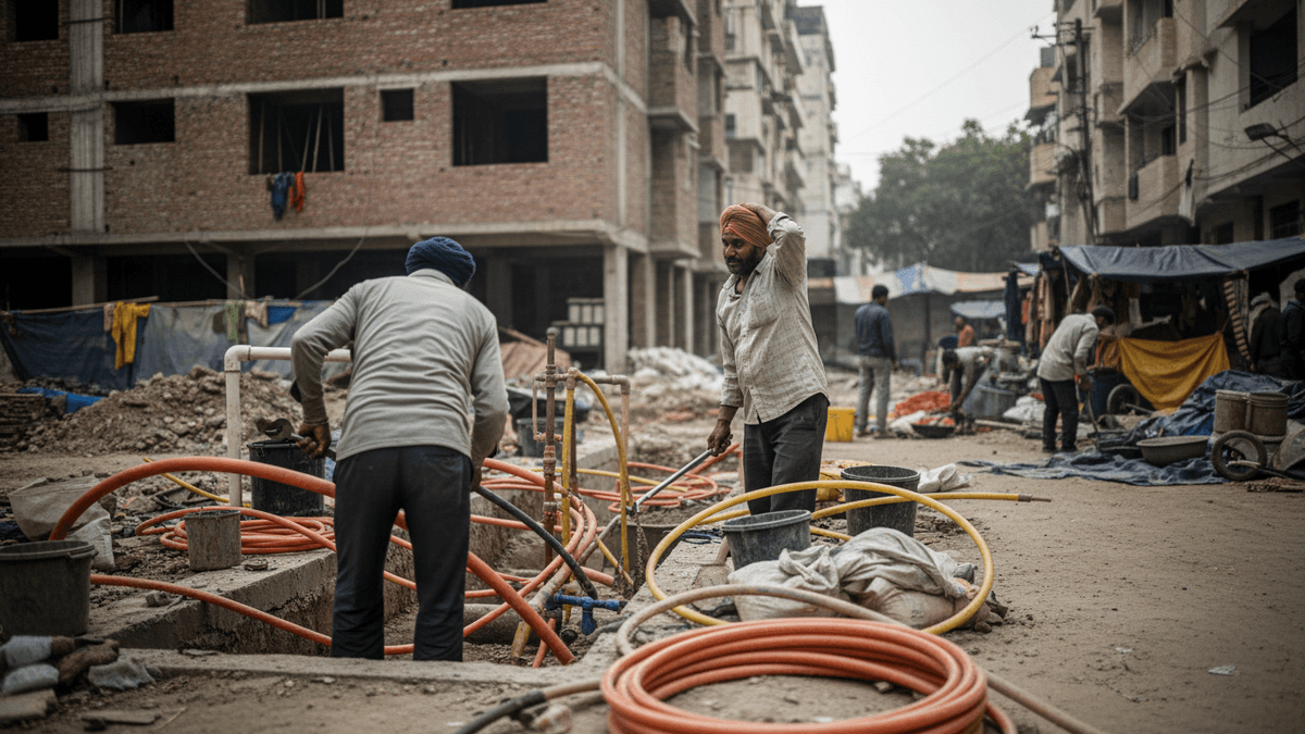 Two workers, one with a turban, handle orange and yellow pipes on a dirt ground in front of partially constructed buildings.