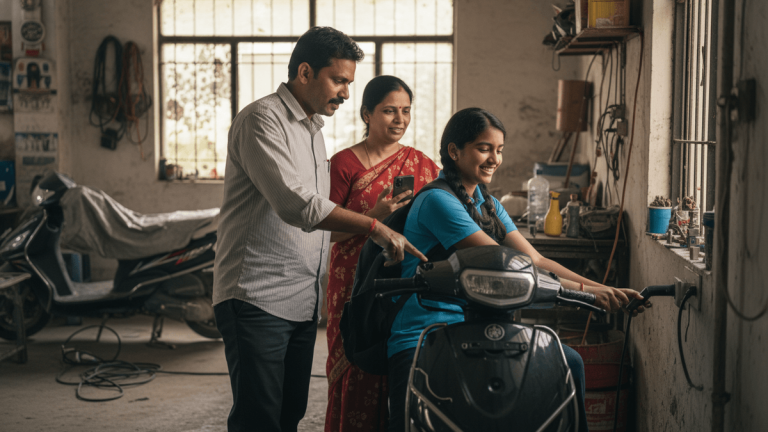 An Indian man points at an electric scooter's charging port while a young woman on the scooter smiles, and a woman watches.