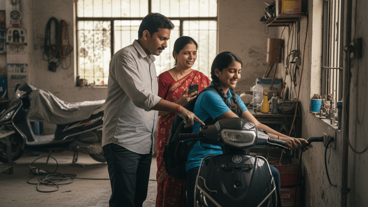 An Indian man points at an electric scooter's charging port while a young woman on the scooter smiles, and a woman watches.