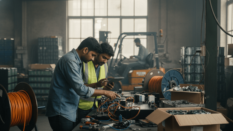 Two engineers, one in a safety vest, work meticulously with wires and circuit boards on a cluttered workbench in a dimly lit factory.
