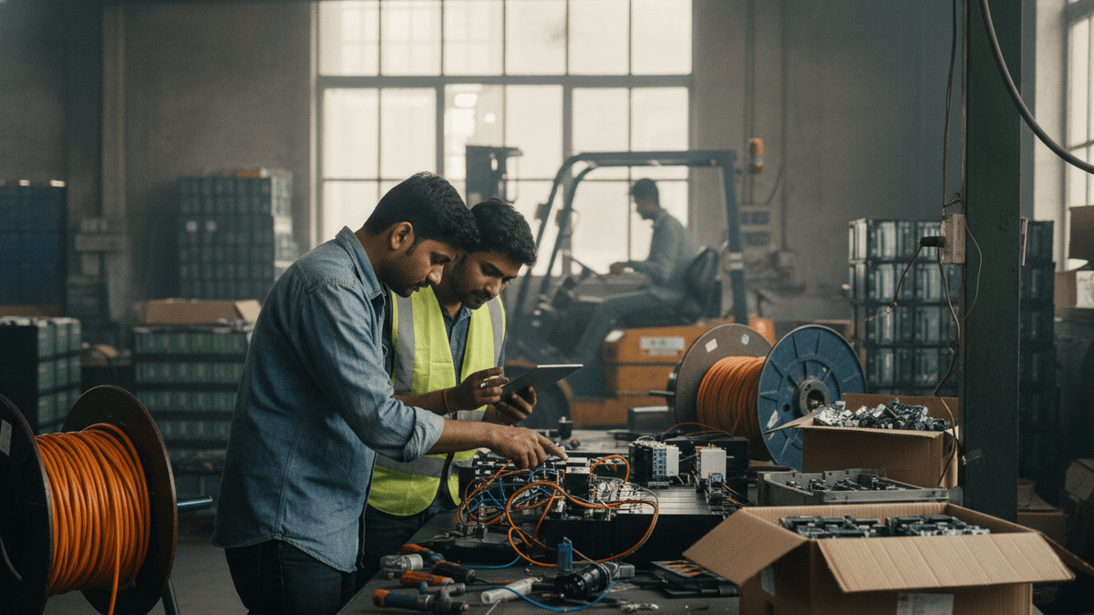 Two engineers, one in a safety vest, work meticulously with wires and circuit boards on a cluttered workbench in a dimly lit factory.