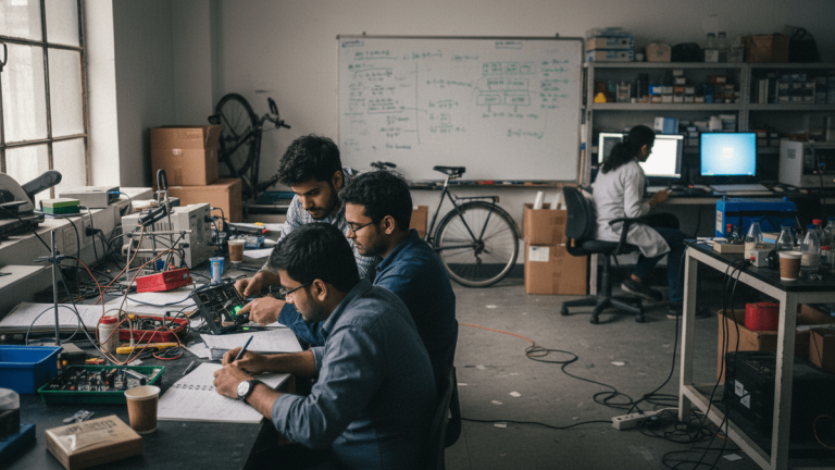 Three engineers in a deeptech lab, one writing notes, another examining a circuit board, and a third looking on.