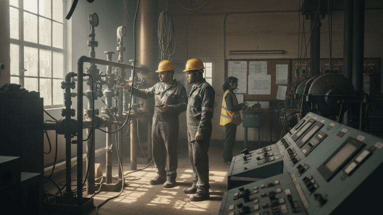 Two Indian engineers in hard hats and workwear examine industrial pipes and valves in a coal gasification plant.