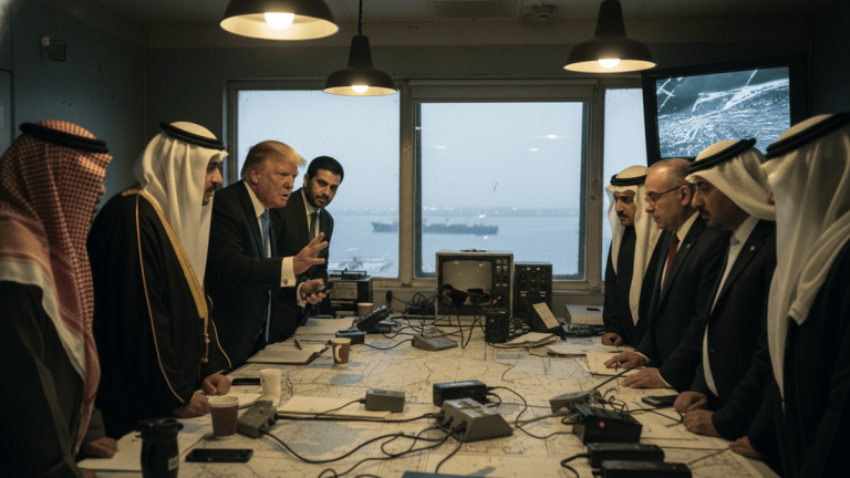 Donald Trump, surrounded by Gulf Arab allies, gesticulates over a map in a dimly lit, cluttered operations room overlooking a body of water with ships.