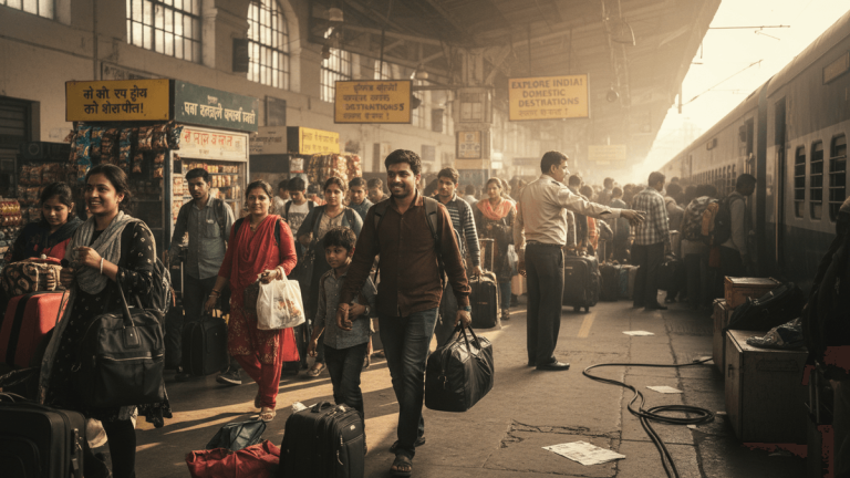 A candid, wide-angle shot of a busy Indian train station platform, filled with diverse travelers, luggage, and overhead signs.