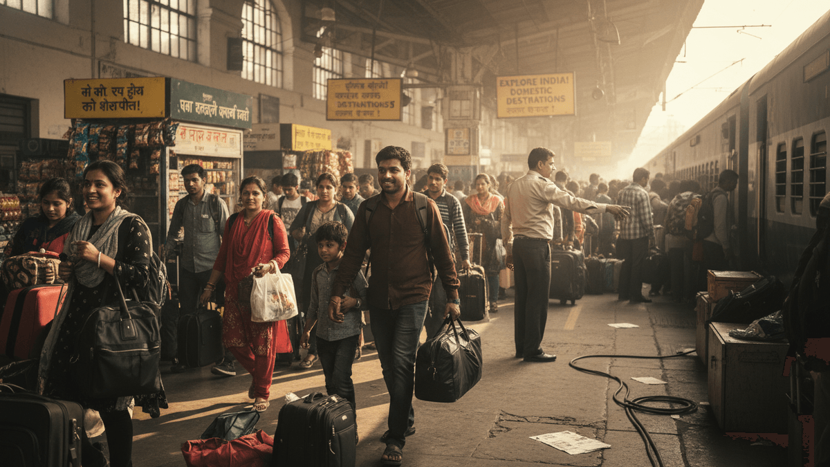 A candid, wide-angle shot of a busy Indian train station platform, filled with diverse travelers, luggage, and overhead signs.
