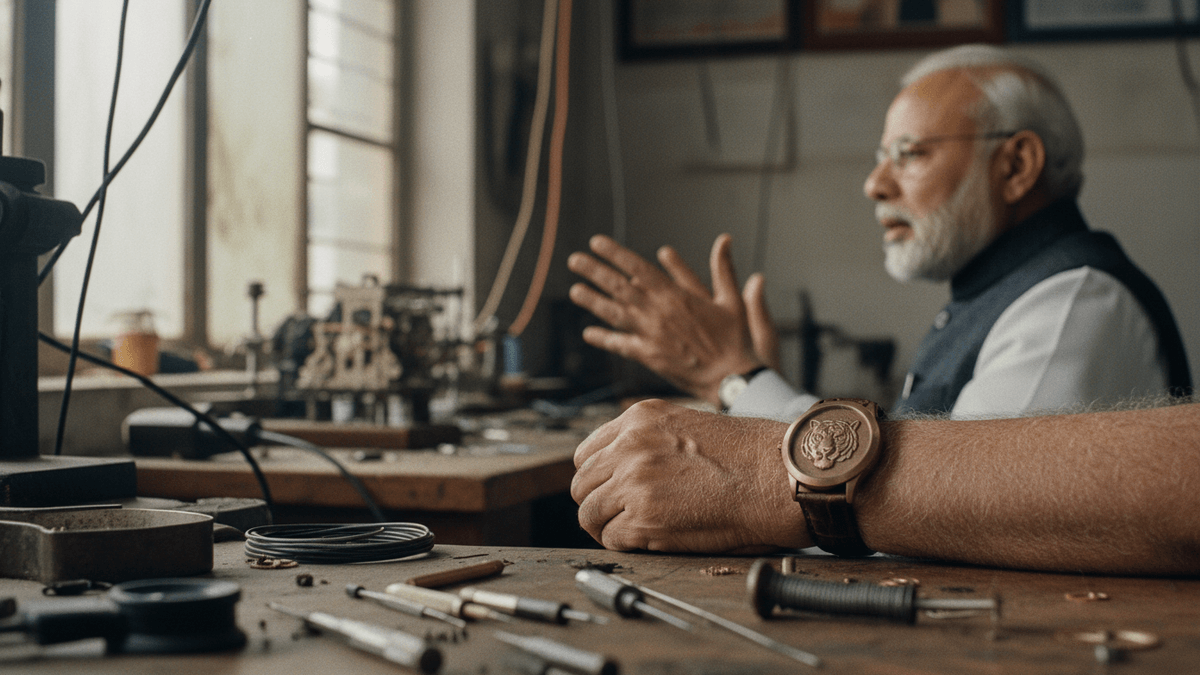 A close-up of a wrist wearing a watch with a tiger motif, with a blurred watchmaker gesturing in the background.