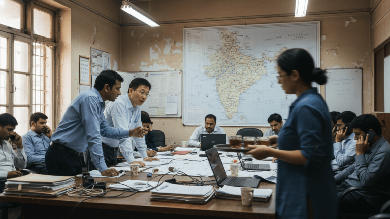 A candid, editorial photo shows a diverse group of executives in an active Indian office, discussing a major acquisition.