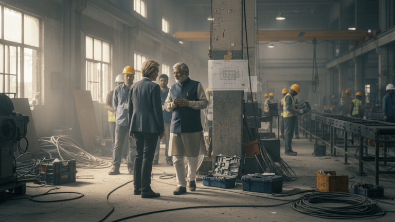 Candid shot of two figures in a large, active industrial space, conversing amidst machinery, tools, and workers in the background.