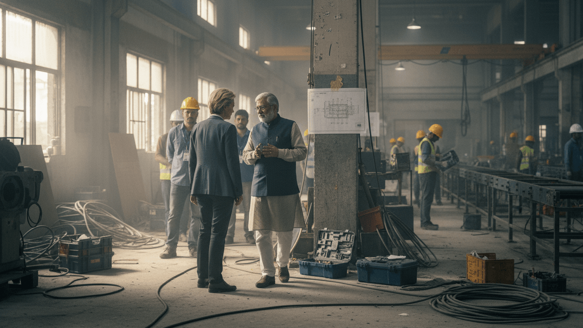 Candid shot of two figures in a large, active industrial space, conversing amidst machinery, tools, and workers in the background.