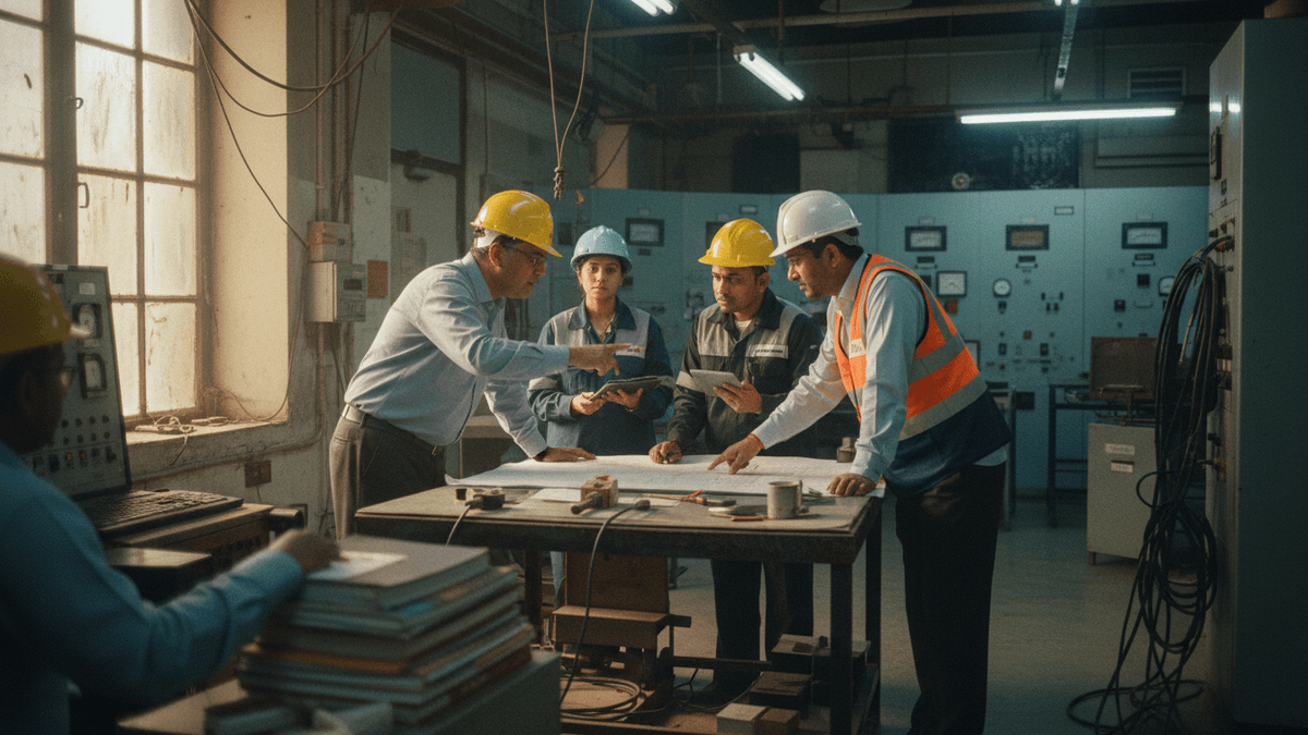 Four individuals in hard hats huddle over blueprints on a table in a somewhat cluttered industrial control room.