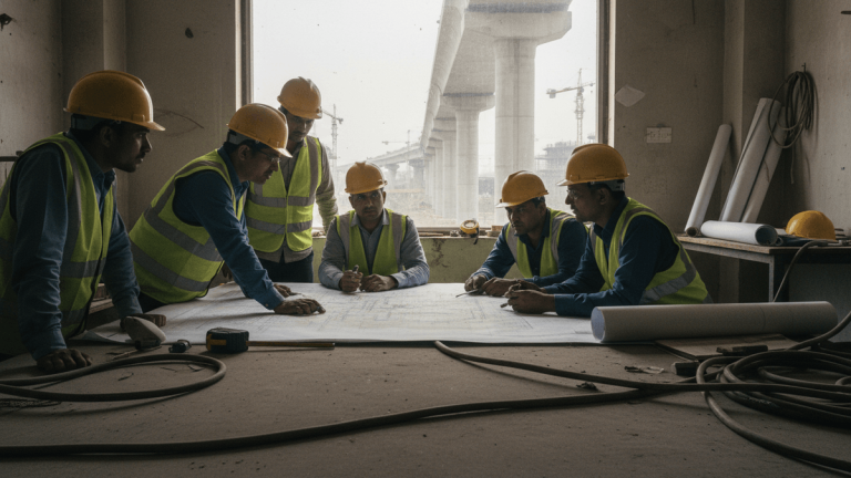 A group of construction workers in hard hats and reflective vests gather around blueprints on a dusty floor, with an unfinished highway visible through a window.