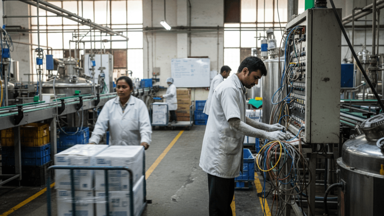 Candid shot of workers in a pharmaceutical factory. One worker pushes boxes, another adjusts wires on a control panel.