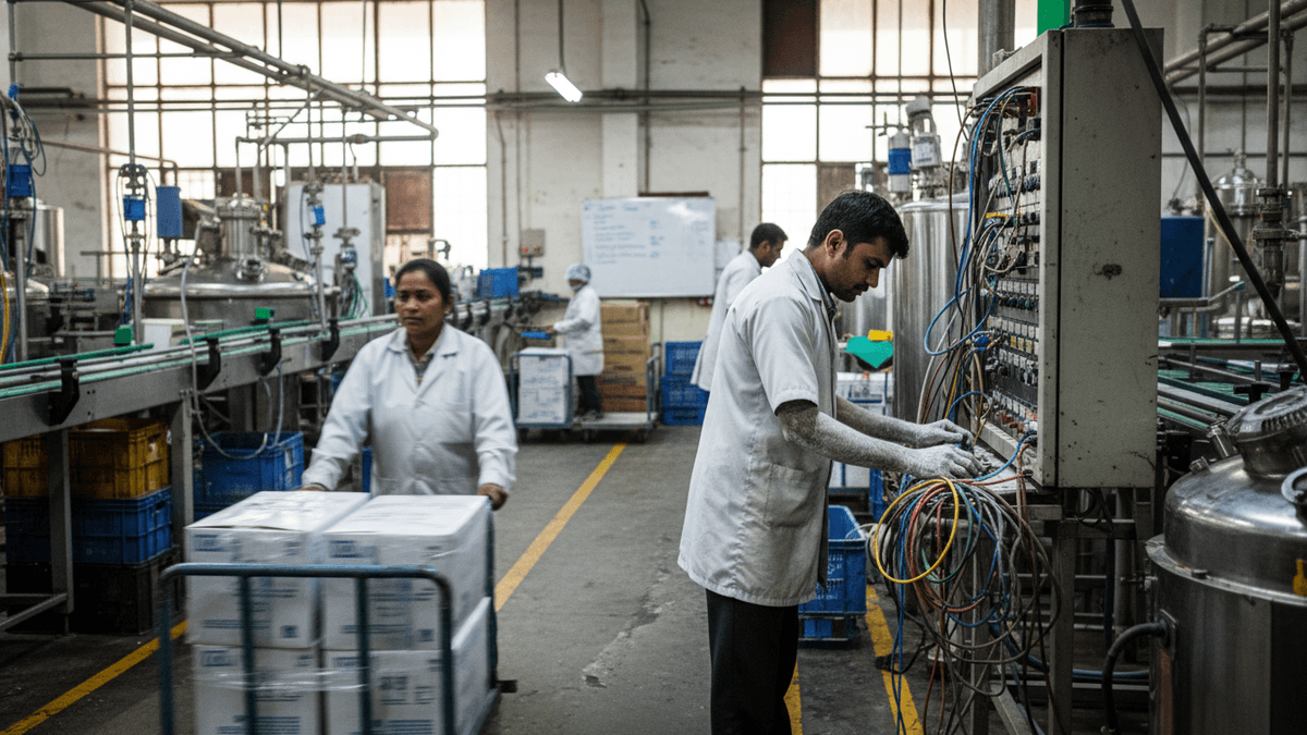 Candid shot of workers in a pharmaceutical factory. One worker pushes boxes, another adjusts wires on a control panel.