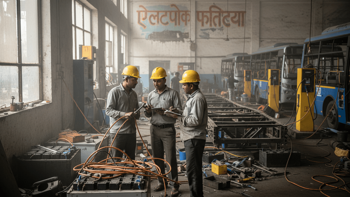 Three technicians in hard hats examine components and a tablet amidst tools, cables, and bus chassis in a dusty workshop.